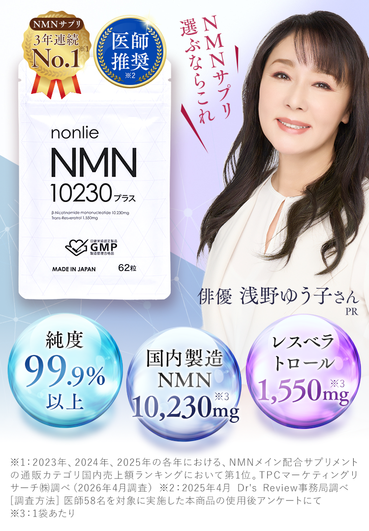 NMNサプリ選ぶならこれ、純度99.9%以上、国産製造NMN10,230mg、レスベラトロール1,550mg
