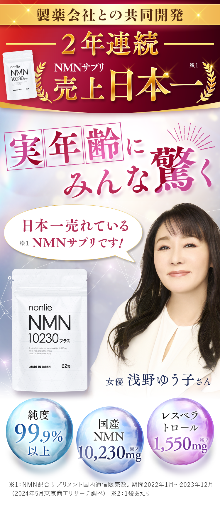 純度99.9％以上、国産NMN10230mg、レスベラトロール1,550mg