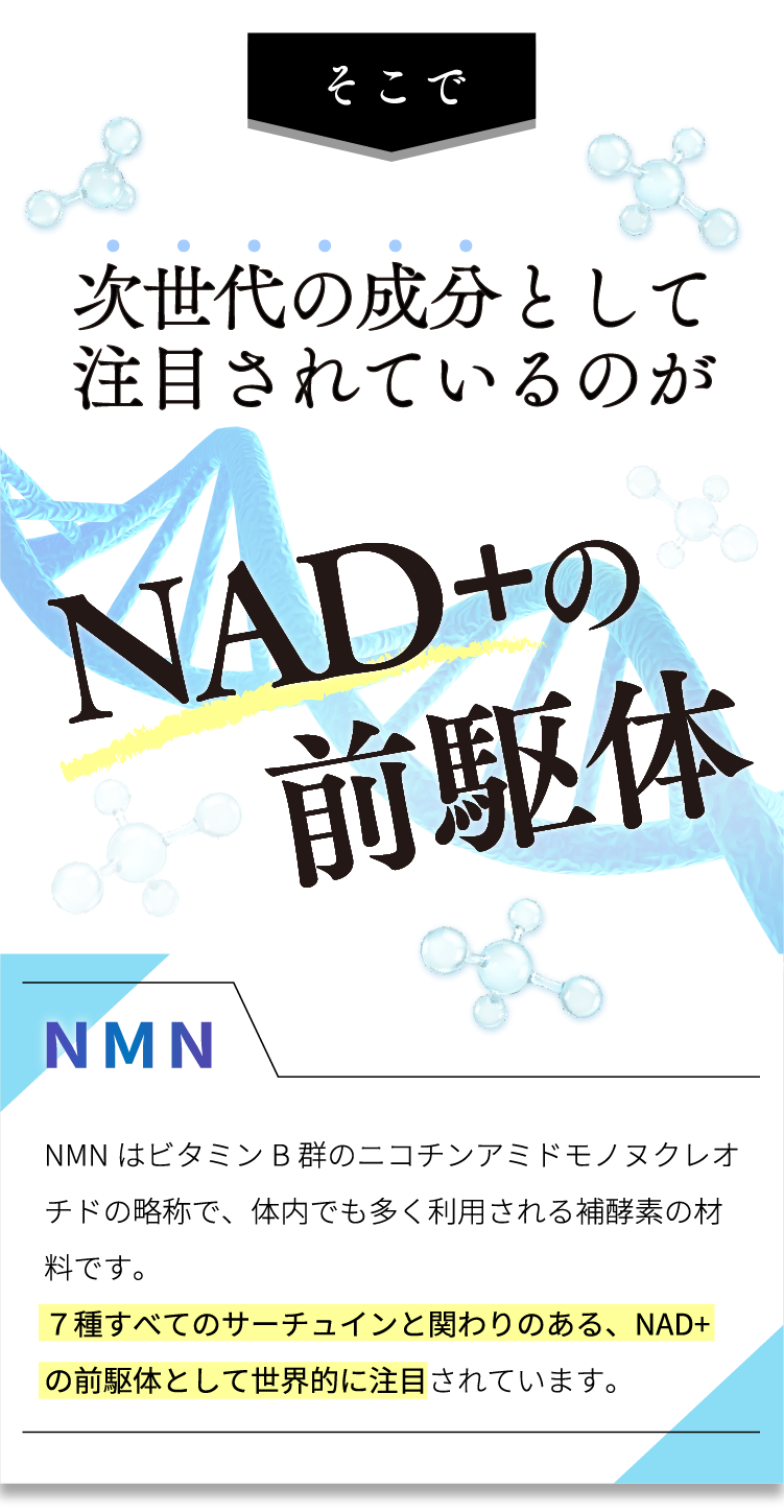 7種すべてのサーチュインと関わりのある、NAD＋の前駆体として世界的に注目