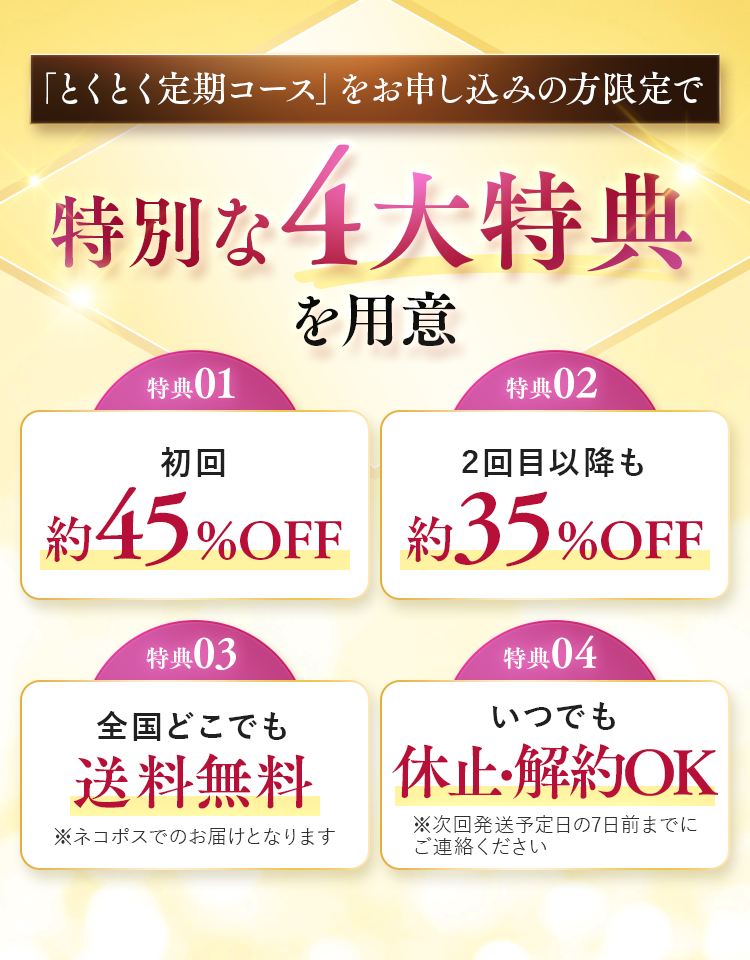 とくとく定期コースをお申し込みの方限定で特別な4大特典をご用意。初回約45％OFF、2回目以降も約35％OFF、全国どこでも送料無料、いつでも休止・解約可能