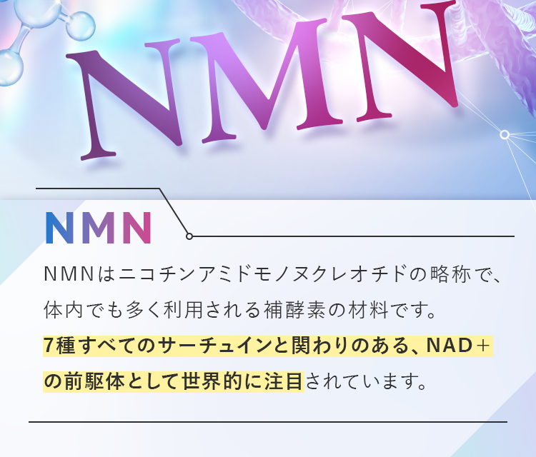 NMNはビタミンB3群のニコチンアミドモノヌクレオチドの略称。体内でも利用される補酵素の材料。7種すべてのサーチュインに関わり、世界的に注目される成分