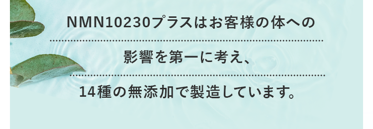 NMN10230プラスはお客様の体への影響を第一に考え、14種の無添加で製造しています。