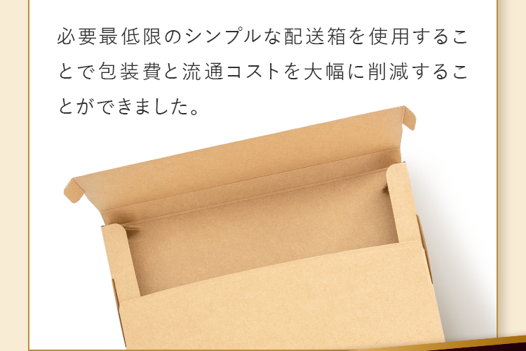 必要最低限のシンプルな配送箱を使用することで包装紙と流通コストも大幅に削減することができました。