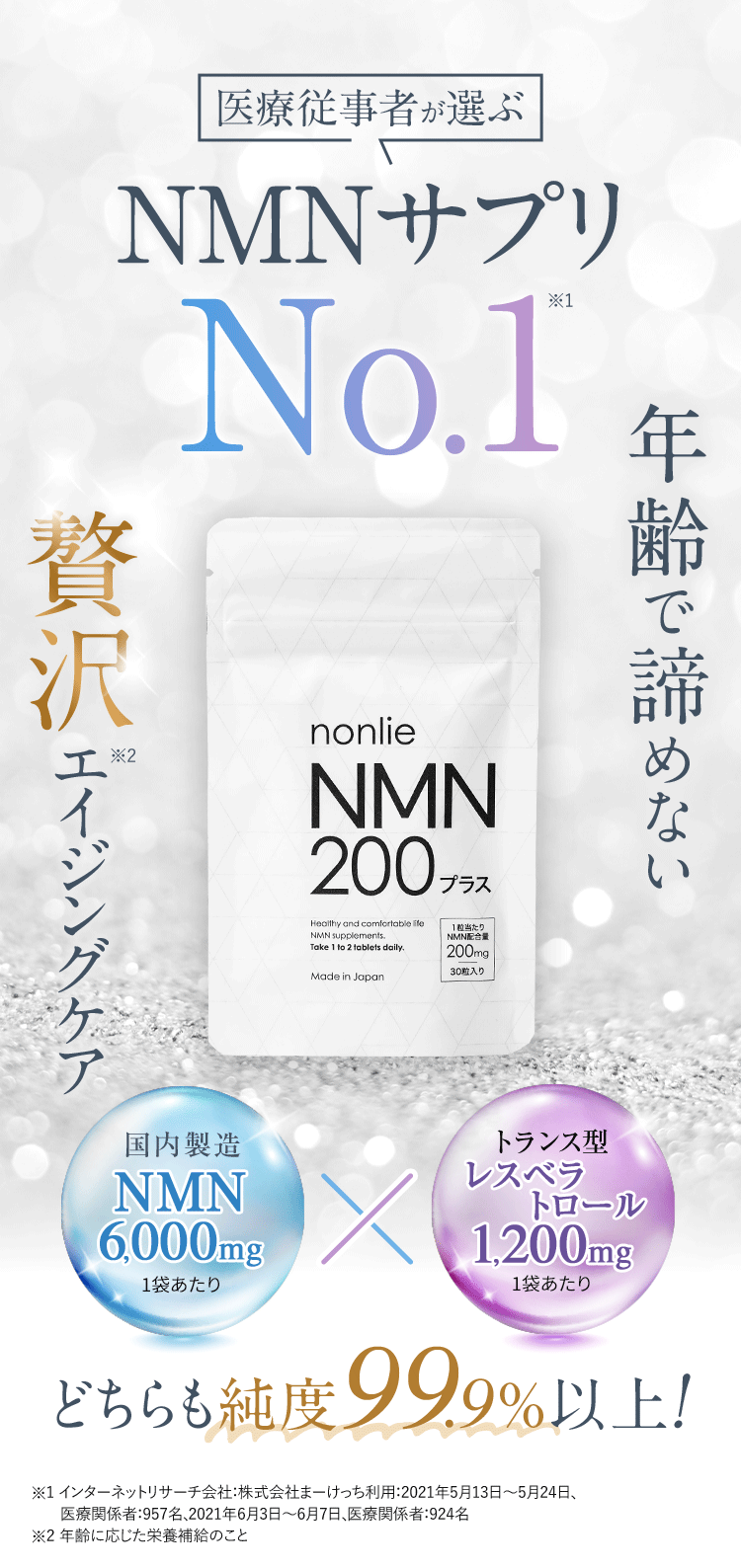 医療従事者が選ぶNMNサプリNo.1。年齢で諦めない贅沢エイジングケア。国内製造NMN6,000mg、トランス型レスベラトロール1,200mg配合。どちらも純度99.9％以上！